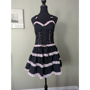 ROMWE Gothic Lolita Pink & Black Lace Tiered Mini Dress